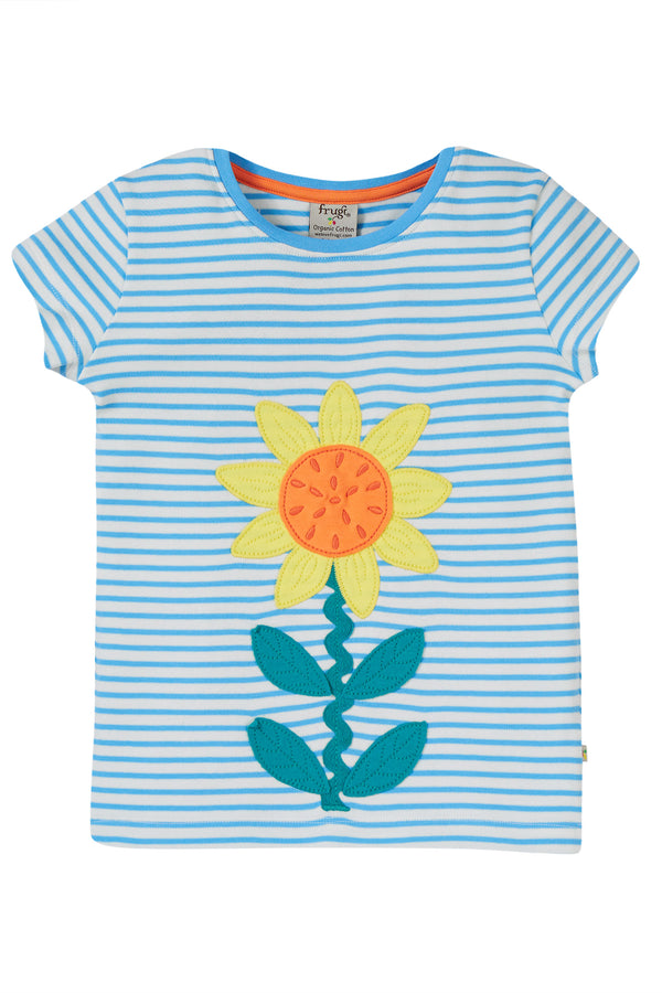 Frugi Camille Applique T-Shirt - Beluga Blue Stripe/Echinacea