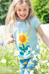 Frugi Camille Applique T-Shirt - Beluga Blue Stripe/Echinacea