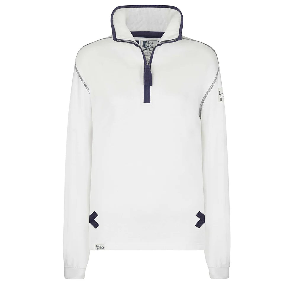 Ladies White/Wheel Print Lazy Jacks Wells-Next-the-Sea Printed 1/4 Zip Sweatshirt