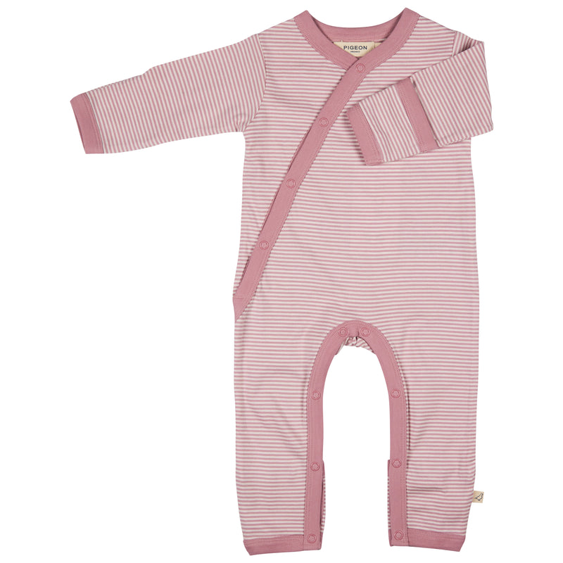 Pigeon Organics Kimono romper (fine stripe), pink