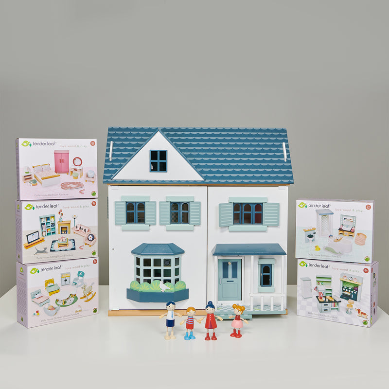 Tenderleaf Dovetail Dolls House Bundle including House, Doll Family & 5 Room Sets