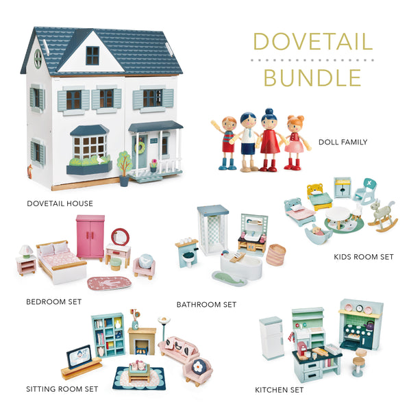 Tenderleaf Dovetail Dolls House Bundle including House, Doll Family & 5 Room Sets