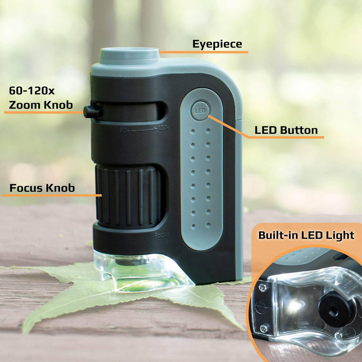 60x-120x Lighted Pocket Microscope, Portable, Educational