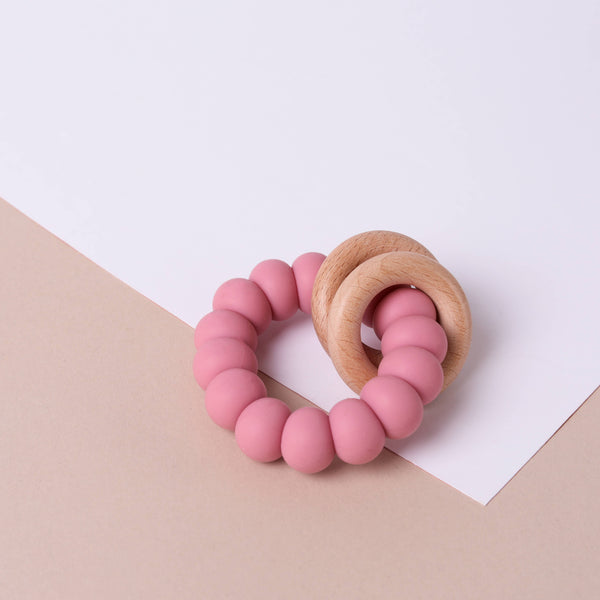 Dusty pink Silicone and Beechwood Teether