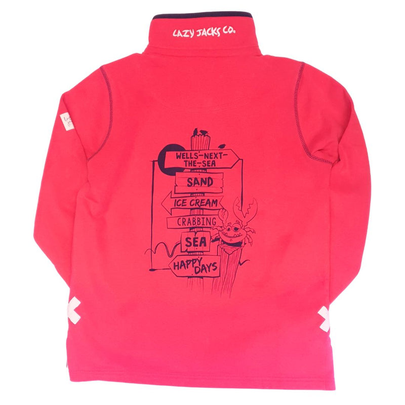 Lazy Jacks Ladies Wells-Next-the-Sea Printed 1/4 Zip Sweatshirt - Cherry/Sign Post