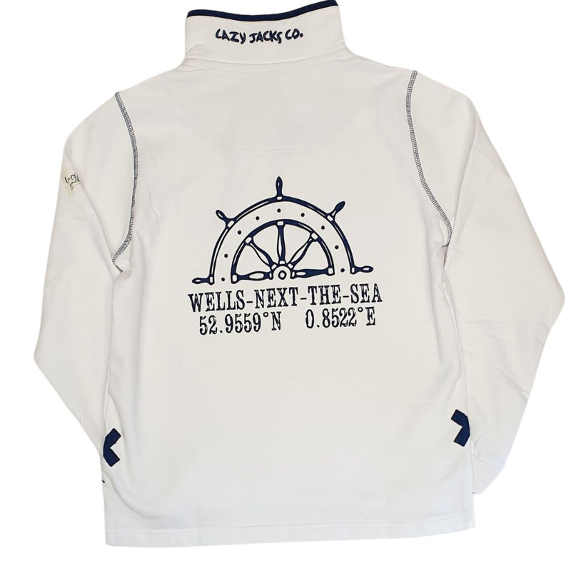 Lazy Jacks Ladies Wells-Next-the-Sea Printed 1/4 Zip Sweatshirt - White/Wheel Print