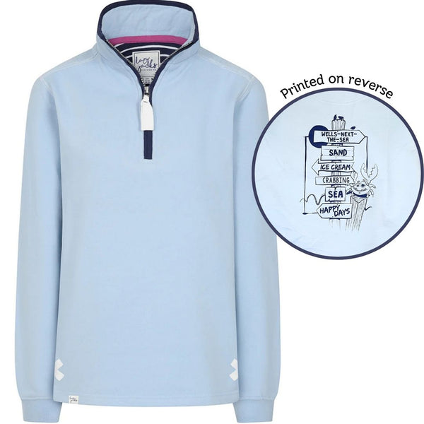 Lazy Jacks Ladies Wells-Next-the-Sea Printed 1/4 Zip Sweatshirt - Sky/Sign Post