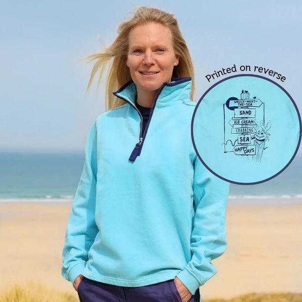Lazy Jacks Ladies Wells-Next-the-Sea Printed 1/4 Zip Sweatshirt - Spearmint/Sign Post