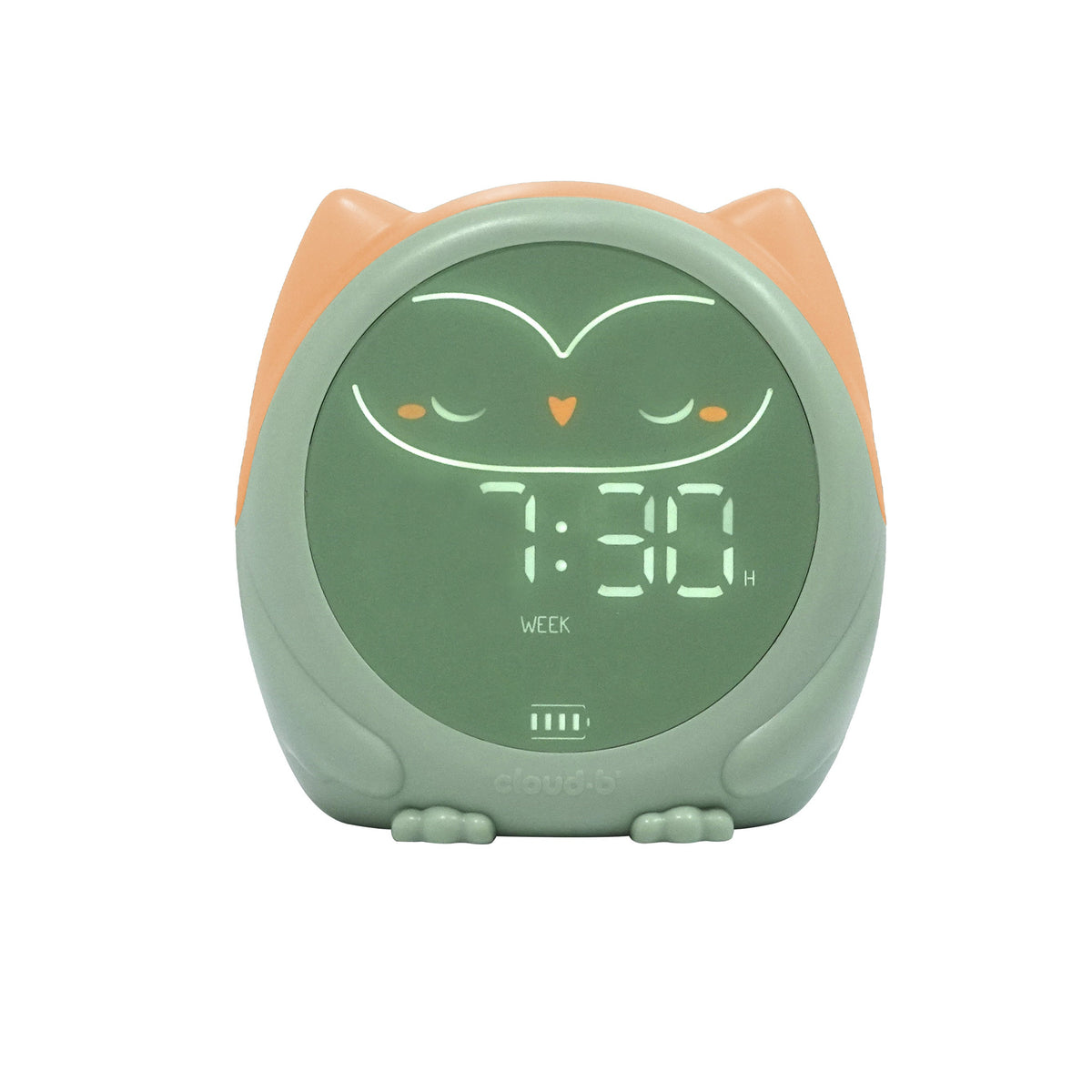 Green children's alarm clock with a owl design on a white background