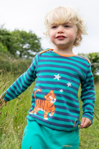 Frugi Bobby Applique Top - Iguana Stripe/Tiger