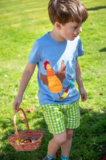 Frugi Avery Applique T-Shirt - Cornflower/Chicken