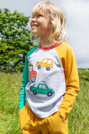 Frugi Alfie Raglan Top - Grey Marl/Vehicles