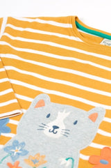 Frugi Tori Applique Top - Gold Breton Stripe/Cat