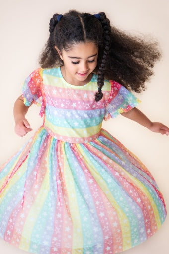 Frugi Penny Party Dress - Rainbow Star Stripe