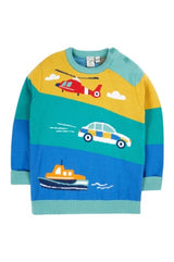 Frugi Elwood Knitted Jumper - Moss/Vehicles