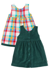 Frugi Rosalie Reversible Dress - Holly Green/Rainbow Check