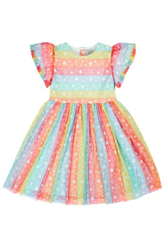 Frugi Penny Party Dress - Rainbow Star Stripe