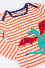 Frugi Bobby Applique Top - Salamander Stripe/Dragon