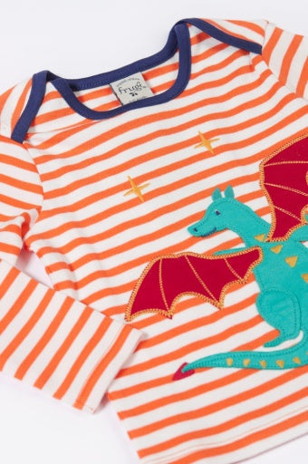 Frugi Bobby Applique Top - Salamander Stripe/Dragon