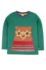 Frugi Terrific Applique Top - Teal/Fairisle Bear