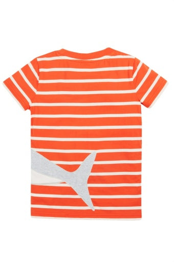 Frugi Elijah Wrap Around T-Shirt - Orange Stripe/Shark