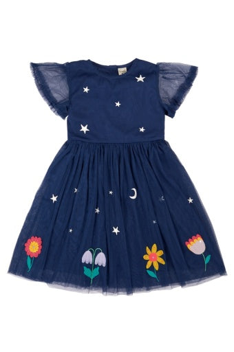 Frugi Penny Applique Party Dress - Navy Blue/Flowers