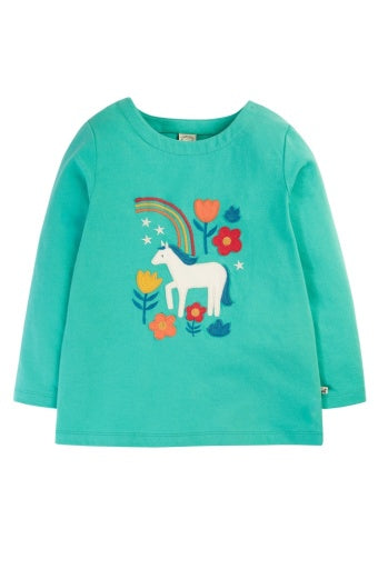 Frugi Anna Applique Top - Pacific Aqua/Horse