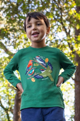 Frugi Terrific Applique Top - Holly Green/Birds