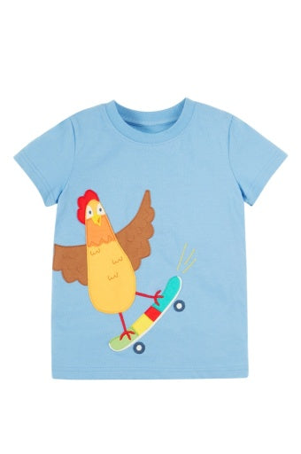 Frugi Avery Applique T-Shirt - Cornflower/Chicken