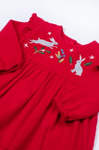 Frugi Maud Cord Dress - Berry Red/Rabbit