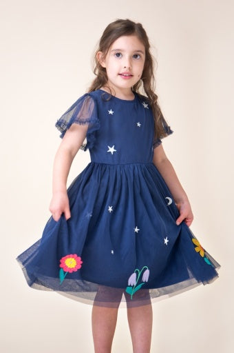 Frugi Penny Applique Party Dress - Navy Blue/Flowers
