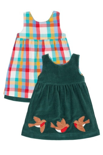 Frugi Rosalie Reversible Dress - Holly Green/Rainbow Check