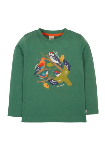 Frugi Terrific Applique Top - Holly Green/Birds