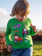 Frugi Adventure Applique Top - Palm/Tractor