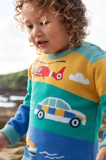 Frugi Elwood Knitted Jumper - Moss/Vehicles