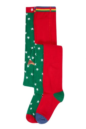 Frugi Norah 2Pk Tights - Green Robin/Berry Red