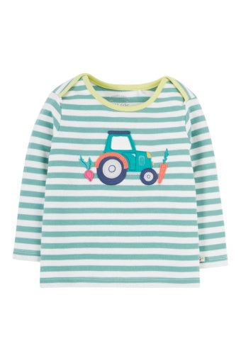 Frugi Bobby Applique Top - Moss Stripe/Tractor