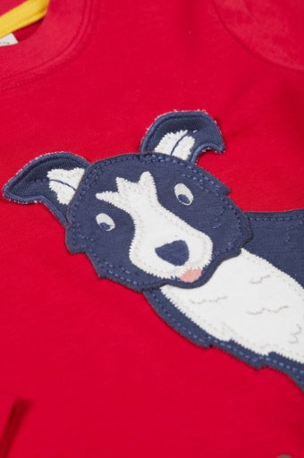 Frugi Adventure Applique Top - Berry Red/Sheepdog