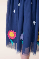 Frugi Penny Applique Party Dress - Navy Blue/Flowers