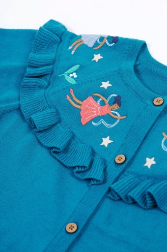 Frugi Romi Ruffle Cardigan - Deep Water/Fairies