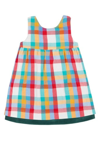 Frugi Rosalie Reversible Dress - Holly Green/Rainbow Check