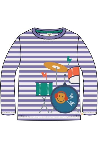 Frugi Discovery Applique Top - Grape Stripe/Drums