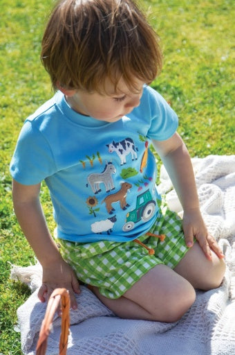 Frugi Little Creature Applique T-Shirt - Bluebird/Farm Life