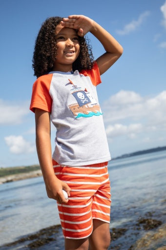 Frugi Renny Raglan T-Shirt - Grey Marl/Ship