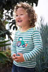 Frugi Bobby Applique Top - Moss Stripe/Tractor