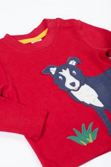 Frugi Adventure Applique Top - Berry Red/Sheepdog