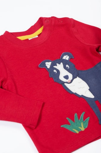 Frugi Adventure Applique Top - Berry Red/Sheepdog