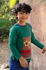 Frugi Terrific Applique Top - Teal/Fairisle Bear