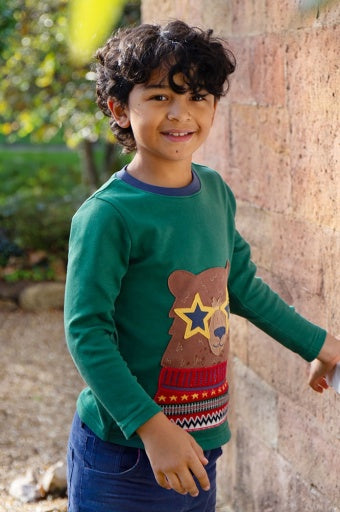 Frugi Terrific Applique Top - Teal/Fairisle Bear