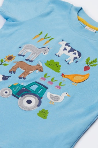 Frugi Little Creature Applique T-Shirt - Bluebird/Farm Life